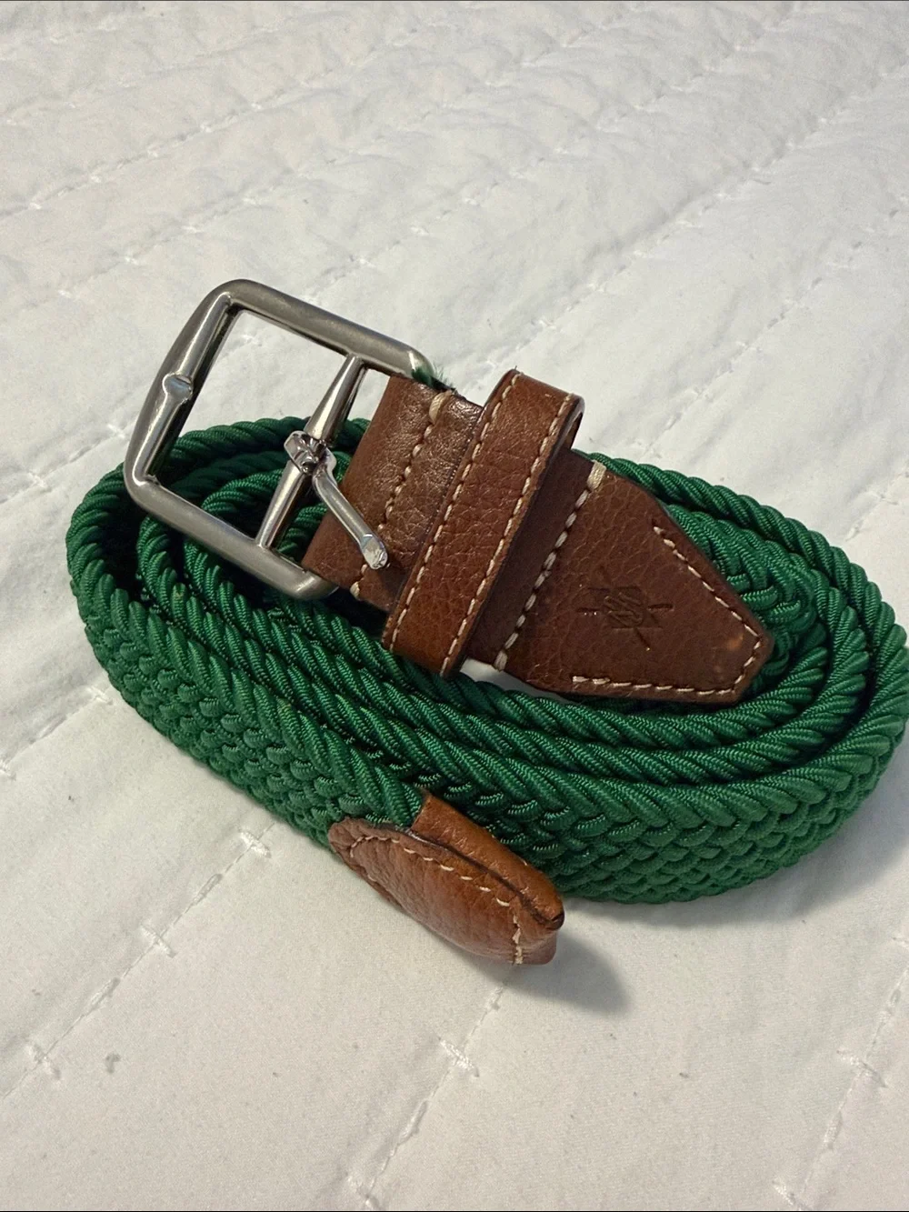 Braided Green Belt with Brown Leather Trim